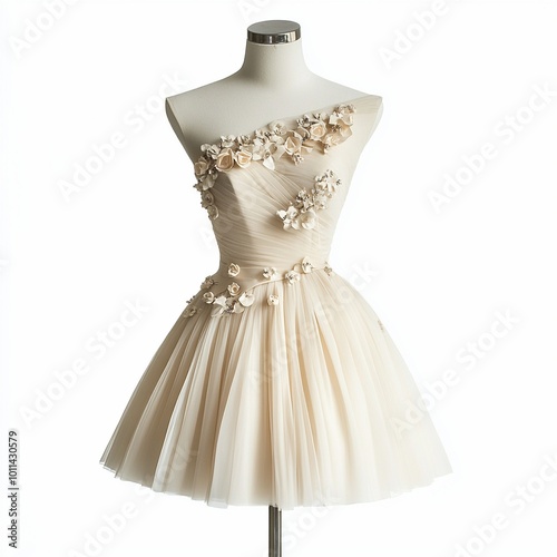 Elegant short dress with flower embroideries displayed on mannequin photo