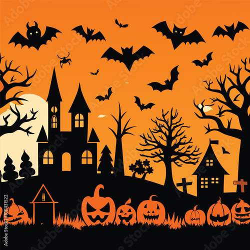 Halloween background castle with pumpkin and bats