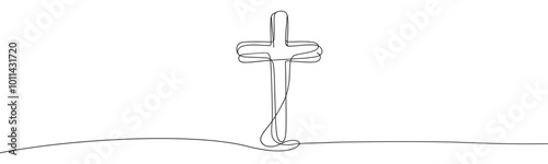 drawing with one black line on a white background depicting a cross, a crucifixion.