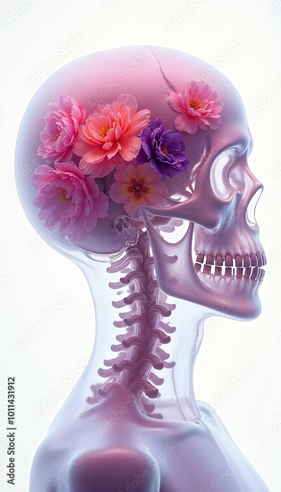 Naklejka premium X-ray style skull with flowers growing inside