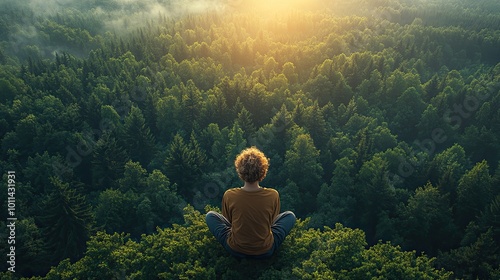 a serene image depicting the concept of outdoor breathing featuring person deeply inhaling fresh air amidst lush green forest symbolizing tranquility mindfulness ,connection with nature