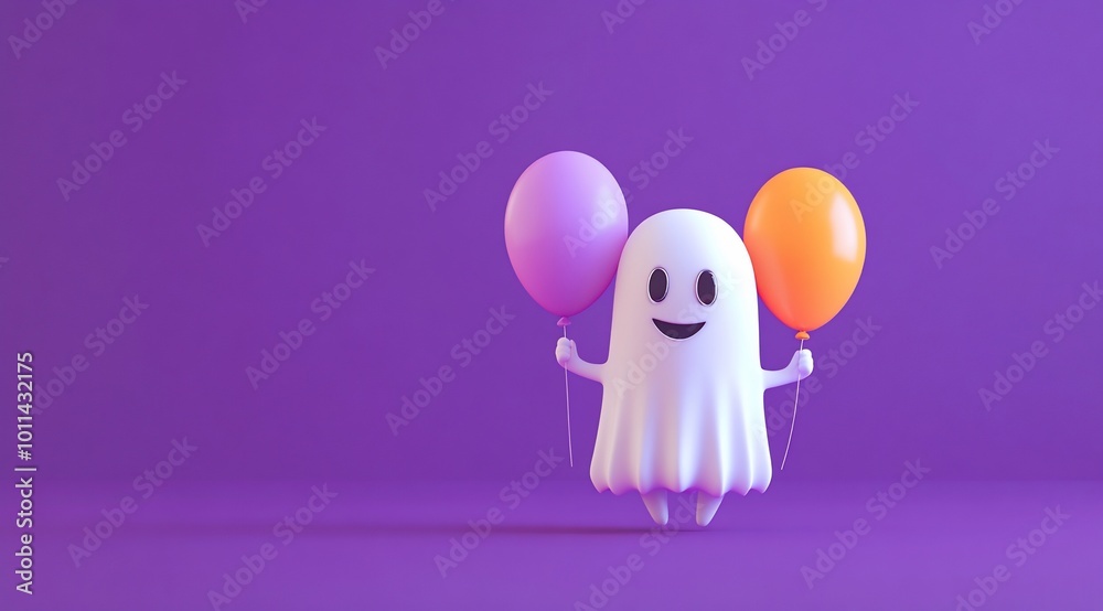 A cheerful ghost character holding colorful balloons against a purple background. A cheerful ghost character holding colorful balloons against a purple background.