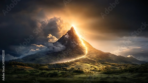 A powerful visual of a mountain breaking apart, with beams of light shining through the cracks, symbolizing the unstoppable force of faith overcoming obstacles, Ultra-Realistic, Photo Realistic  photo