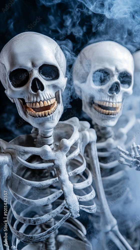 Two skeletons with toothy grins stand in front of a smoky background. Two skeletons with toothy grins stand in front of a smoky background.