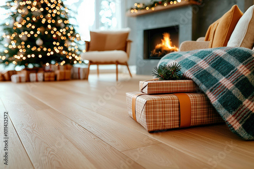 A cozy living room with plaid blankets and wrapped presents under the Christmas tree. A warm fireplace, natural light, and soft tones create a peaceful and rustic holiday setting.