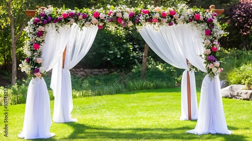 Beautiful Wedding Arch Decorated with Flowers and White Drapes