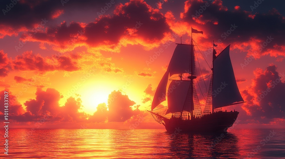 Obraz premium A cartoon-style ship with large sails cruising towards a vibrant sunset, with Columbus standing at the helm, guiding the way