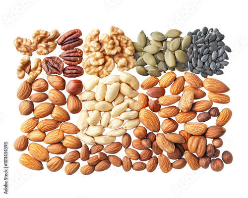 Various mixed nuts and seeds on a white isolated background.