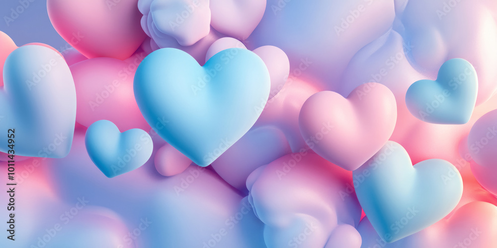 Soft pastel blue and pink hearts floating in a dreamy cloud-like background, creating a gentle and romantic atmosphere Soft pastel blue and pink hearts floating in a dreamy cloud-like background, creating a gentle and romantic atmosphere