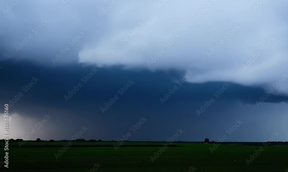 A single bolt of lightning strikes through dark storm clouds above a green field. A single bolt of lightning strikes through dark storm clouds above a green field.