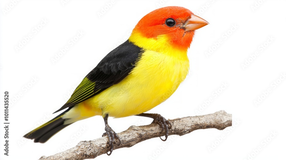 western tanager sits elegantly on a branch, its striking red and yellow feathers contrasting beautifully with the white surroundings, embodying the essence of nature's artistry. western tanager sits elegantly on a branch, its striking red and yellow feathers contrasting beautifully with the white surroundings, embodying the essence of nature's artistry.