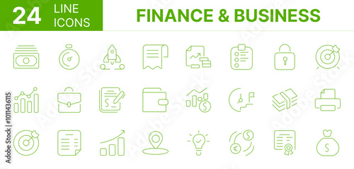 Collection of 24 Finance & Business line icons featuring editable strokes. These outline icons depict various modes of Finance & Business, bank, set, money, target, growth, vector, web, 