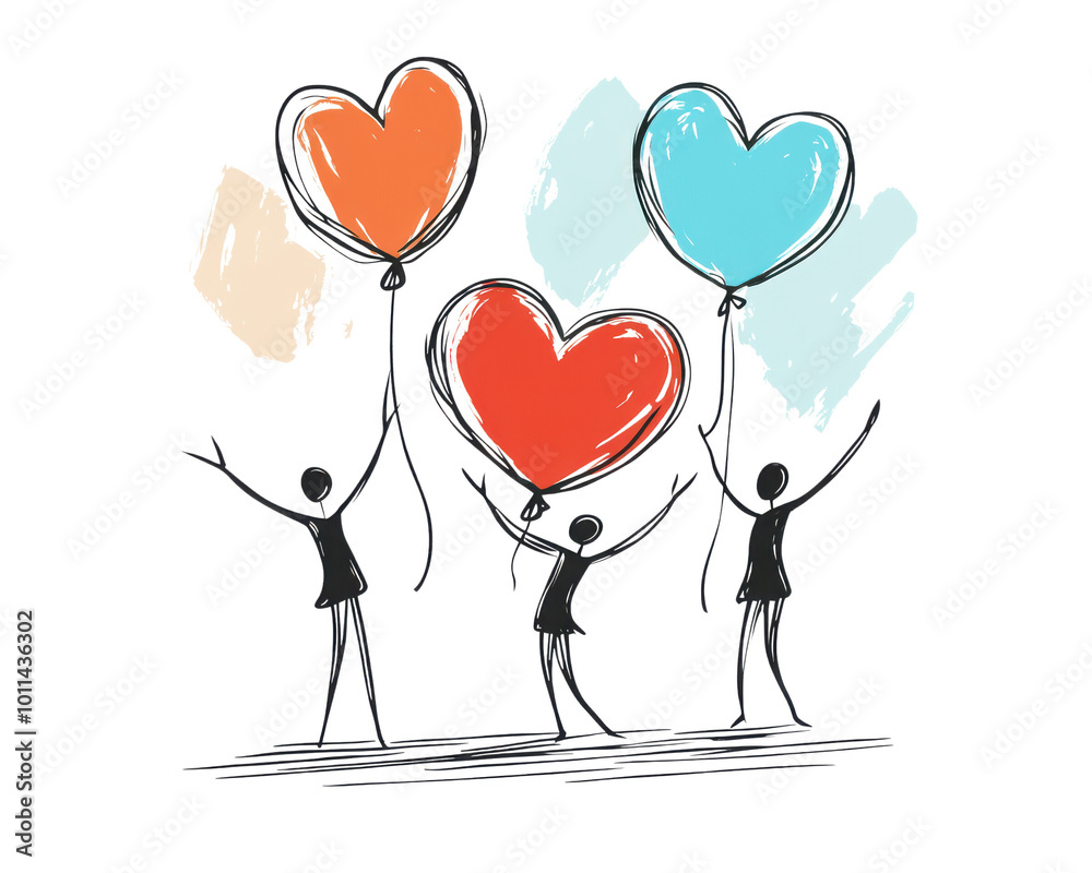 People holding colorful heart balloons in celebration.