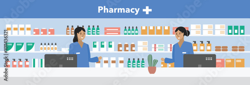 Pharmacist sell medicine in the drugstore. Pharmacist in the drug store. Druggist sell medicine. Drugstore cashier. Pharmacy store. Pharmacy mart.