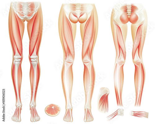 Medical illustration of human leg anatomy, isolated white background.