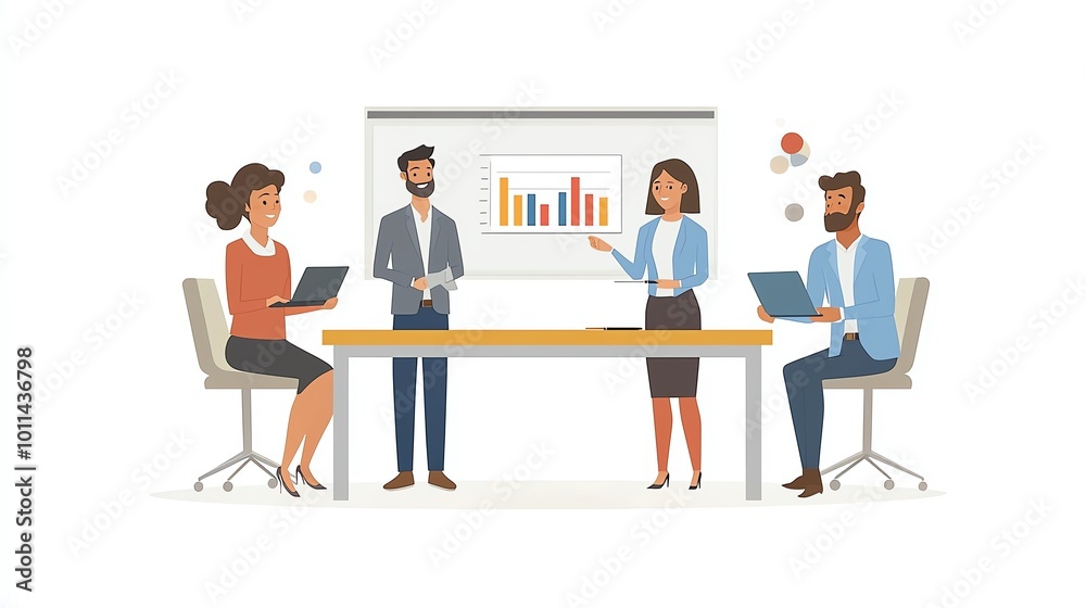 A diverse team collaborates in a meeting, discussing data and strategies with laptops and a presentation chart. A diverse team collaborates in a meeting, discussing data and strategies with laptops and a presentation chart.