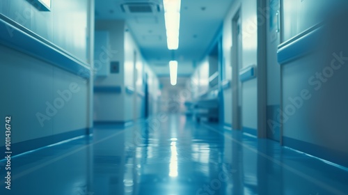 Blurred background of hospital corridor with focus on empty wall  soft lighting and light blue color tone  close-up of medical equipment in the distance