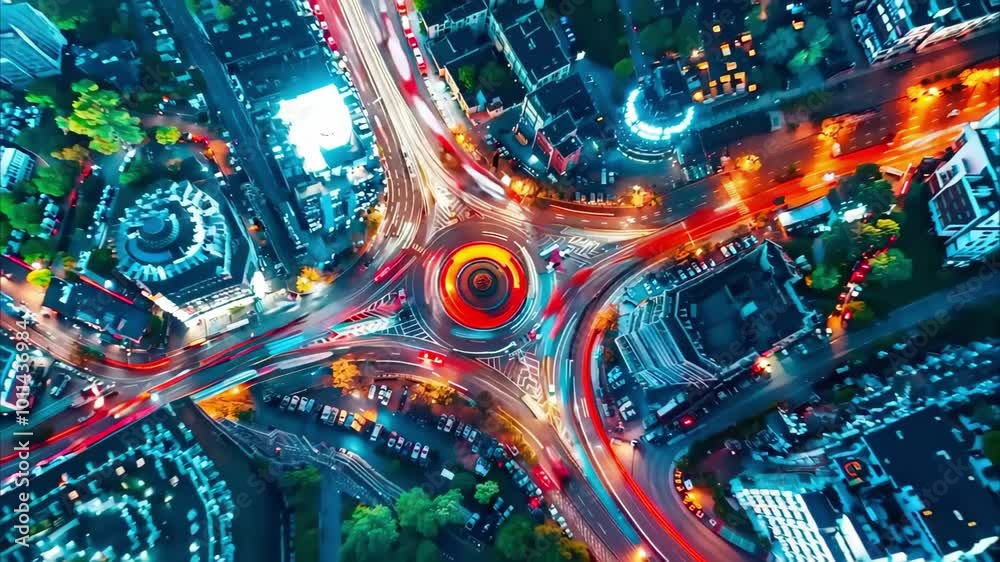 Aerial view of a busy roundabout at night, illuminated by vehicle lights creating vibrant streaks and patterns. Aerial view of a busy roundabout at night, illuminated by vehicle lights creating vibrant streaks and patterns.