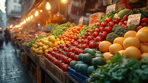 a vibrant local market stall displaying fresh fruits ,vegetables under warm lighting symbolizing community ,healthy living