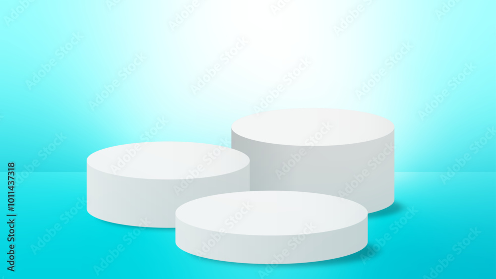 Realistic white 3 step cylinder pedestal podium on green mint colour gradient background. Vector rendering geometric forms design. Minimal scene. shadow. Stage showcase, Mockup product display. Realistic white 3 step cylinder pedestal podium on green mint colour gradient background. Vector rendering geometric forms design. Minimal scene. shadow. Stage showcase, Mockup product display.