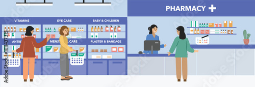 Pharmacy store. People buy medicine at drug store. Drugstore illustration. Pharmacy cashier. Apothecary. Medicine and cosmetics. Minimarket.