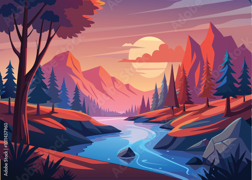 Landscape scene of forest with river and the sun going down illustration
