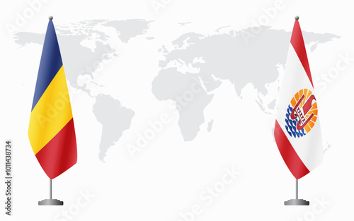 Romania and French Polynesia flags for official meeting against background of world map.