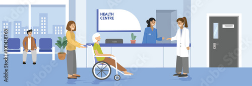 Hospital reception illustration. Clinic reception. Medical center administration. Public health care. Health care services. Health center. Modern hospital interior. Hospital with city view.