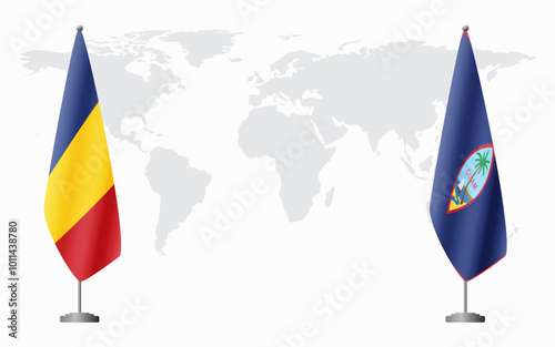 Romania and Guam flags for official meeting against background of world map. photo