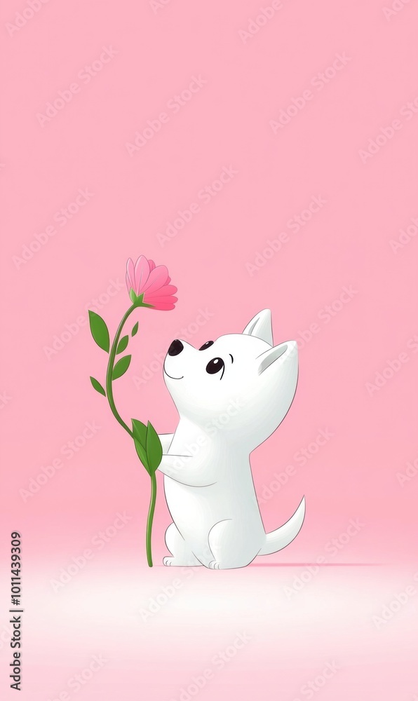 a dog and a flower. vertical frame. cartoon hand drawn . a dog and a flower. vertical frame. cartoon hand drawn .