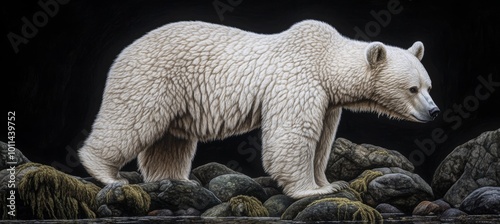 Powerful White Kermode Bear Navigating Coastal Rocks in a Rugged, Pristine landscape. photo
