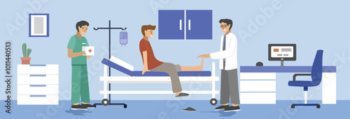 Fracture patient illustration. Bone fracture. Emergency team. Trauma patient. Trauma center. First aid fracture. Patient in hospital with doctor and nurse. Orthopedic doctor.