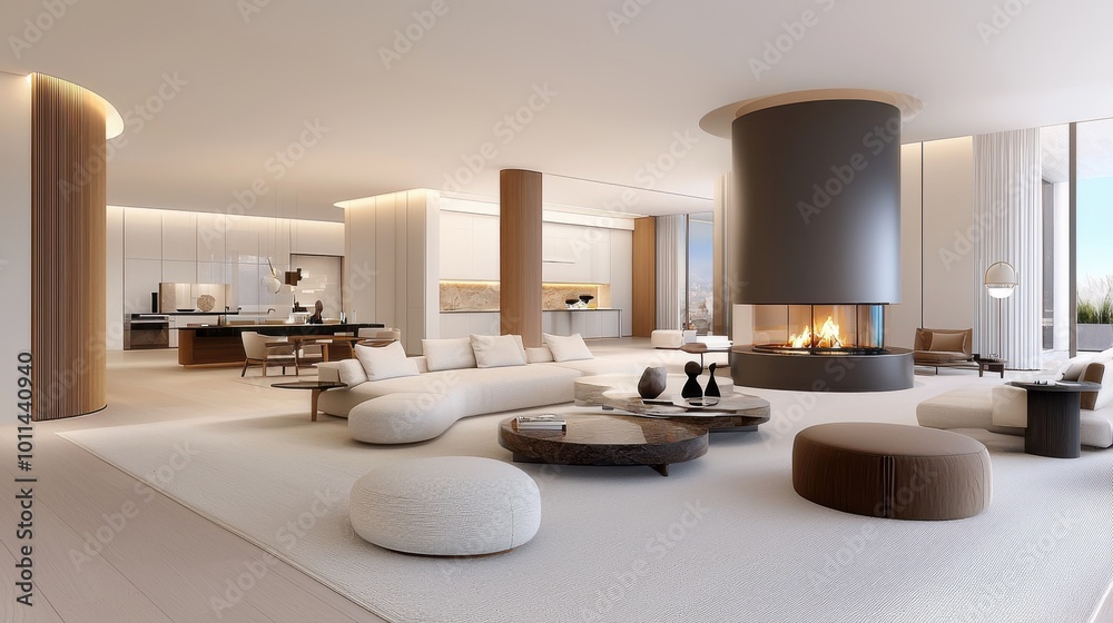 A contemporary living room with a large, central fireplace, modern furniture, and an open-plan design, blending luxury and comfort. A contemporary living room with a large, central fireplace, modern furniture, and an open-plan design, blending luxury and comfort.