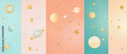 A set of five colorful space-themed images featuring planets and stars photo