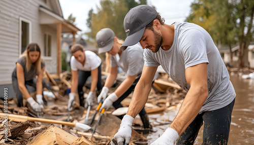 Volunteers helping with disaster recovery and cleanup amidst debris. photo