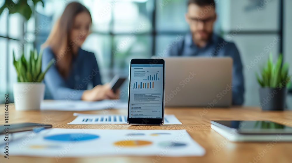 A modern workspace featuring a smartphone with data charts, laptop, and engaged professionals collaborating on a project. A modern workspace featuring a smartphone with data charts, laptop, and engaged professionals collaborating on a project.