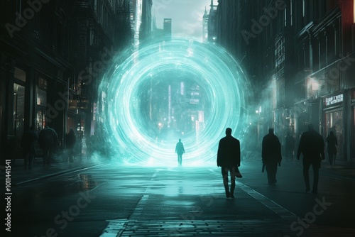 A silhouetted figure approaches a glowing circular portal in a misty, atmospheric urban street, hinting at a journey beyond time and space. photo