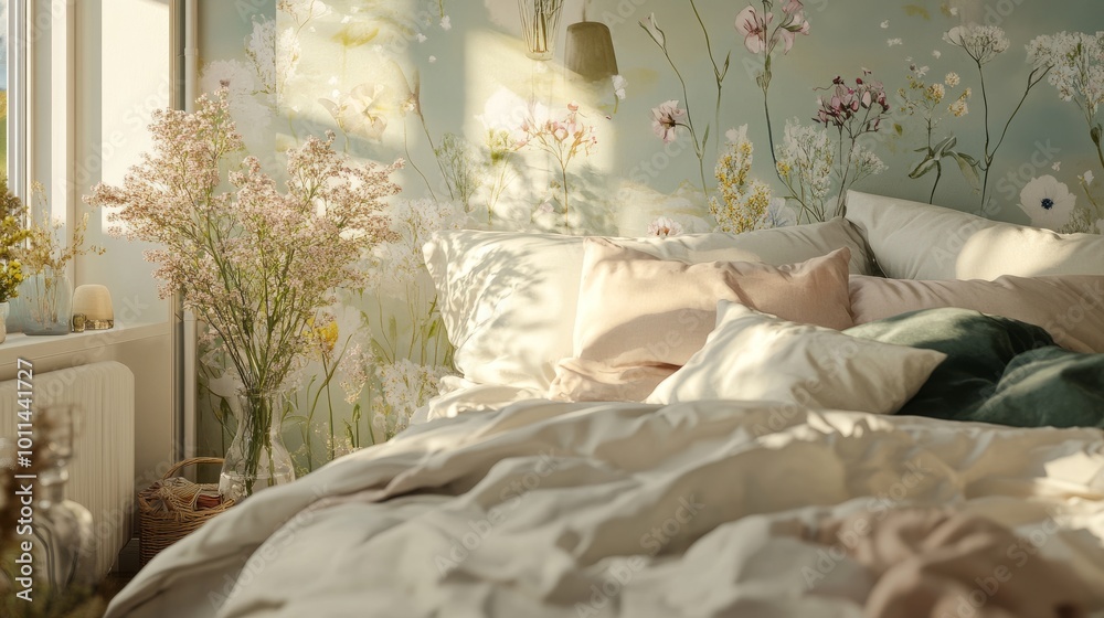 Harmonized bedroom with floral wallpaper, modern bed, flowers in vase, cozy decor, stylish bedding, elegant accessories, natural light through clear windows Harmonized bedroom with floral wallpaper, modern bed, flowers in vase, cozy decor, stylish bedding, elegant accessories, natural light through clear windows