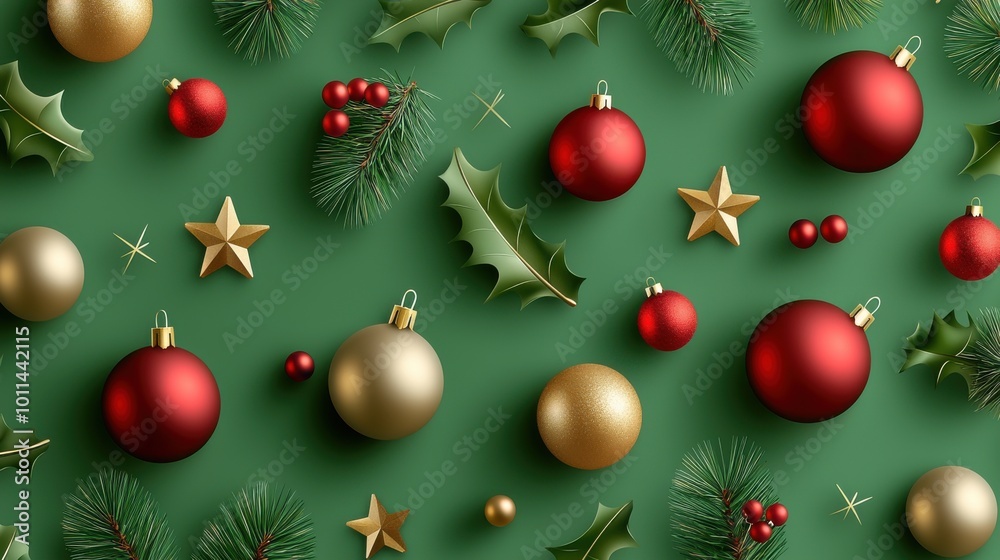 A green-based Christmas pattern with red and gold ornaments, holly leaves, and festive stars arranged in a seamless repeat design. A green-based Christmas pattern with red and gold ornaments, holly leaves, and festive stars arranged in a seamless repeat design.