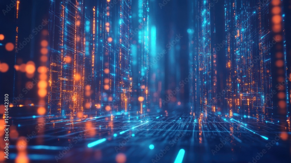 Naklejka premium A futuristic digital landscape with glowing lines and particles in blue and orange hues.