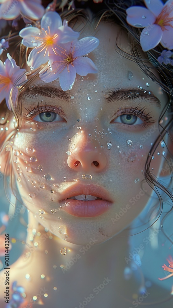Dreamy Portrait of a Woman with Flowers and Water Drops Dreamy Portrait of a Woman with Flowers and Water Drops