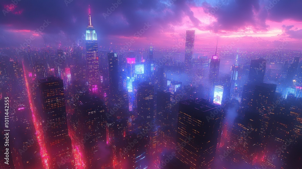 A vibrant cityscape at dusk with neon lights and skyscrapers. A vibrant cityscape at dusk with neon lights and skyscrapers.