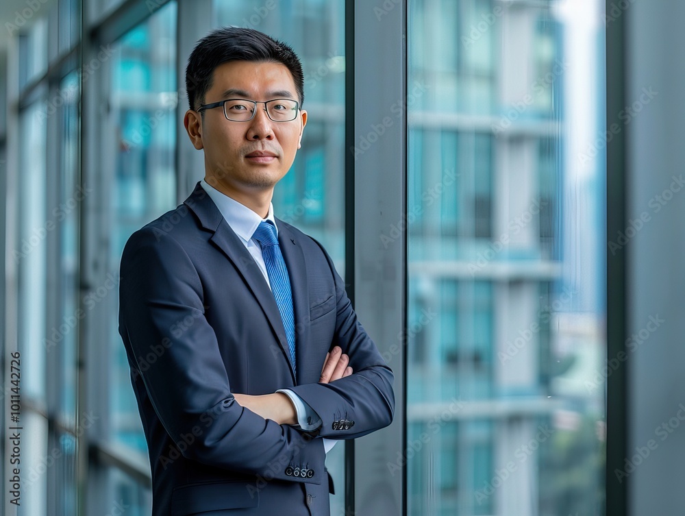 Confident CEO stands in front of modern office window, looking out with determined expression, symbolizing leadership and change. Confident CEO stands in front of modern office window, looking out with determined expression, symbolizing leadership and change.