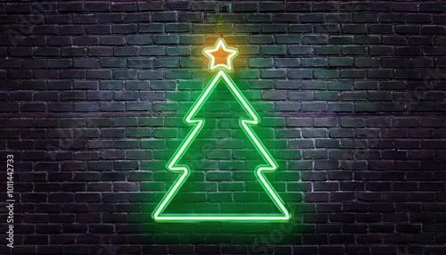 neon chirsmas tree symbol on brick wall photo