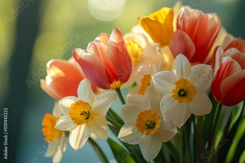 An arrangement of vibrant tulips and daffodils illuminated by soft morning light, capturing the interplay of colors and the delicate beauty of spring blooms against a soft-focus backdrop.