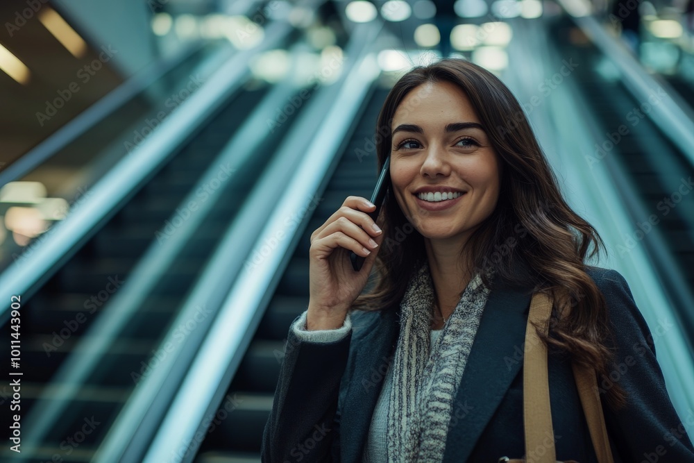 Fototapeta premium A confident woman engages in a lively phone conversation beside an escalator in a modern airport, conveying themes of connectivity and urban sophistication.
