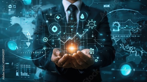 Businessman in suit holding digital screen with rising healthcare investment graph, symbolizing growth and financial success in medical sector.