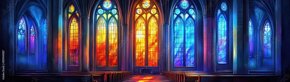 An abandoned Gothic cathedral interior, tall stained glass windows casting eerie light onto dusty pews, dark and moody, digital painting style An abandoned Gothic cathedral interior, tall stained glass windows casting eerie light onto dusty pews, dark and moody, digital painting style