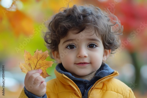 A cheerful child in a yellow jacket holds a vivid fall leaf, surrounded by autumn foliage, signifying joy, exploration, and the seasonal beauty of fall. photo