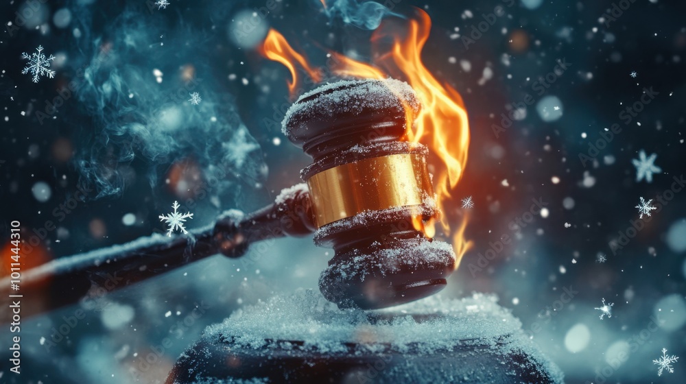 A burning gavel surrounded by icy snowflakes, the fiery contrast against the cold, snowy environment symbolizes justice in a harsh world A burning gavel surrounded by icy snowflakes, the fiery contrast against the cold, snowy environment symbolizes justice in a harsh world